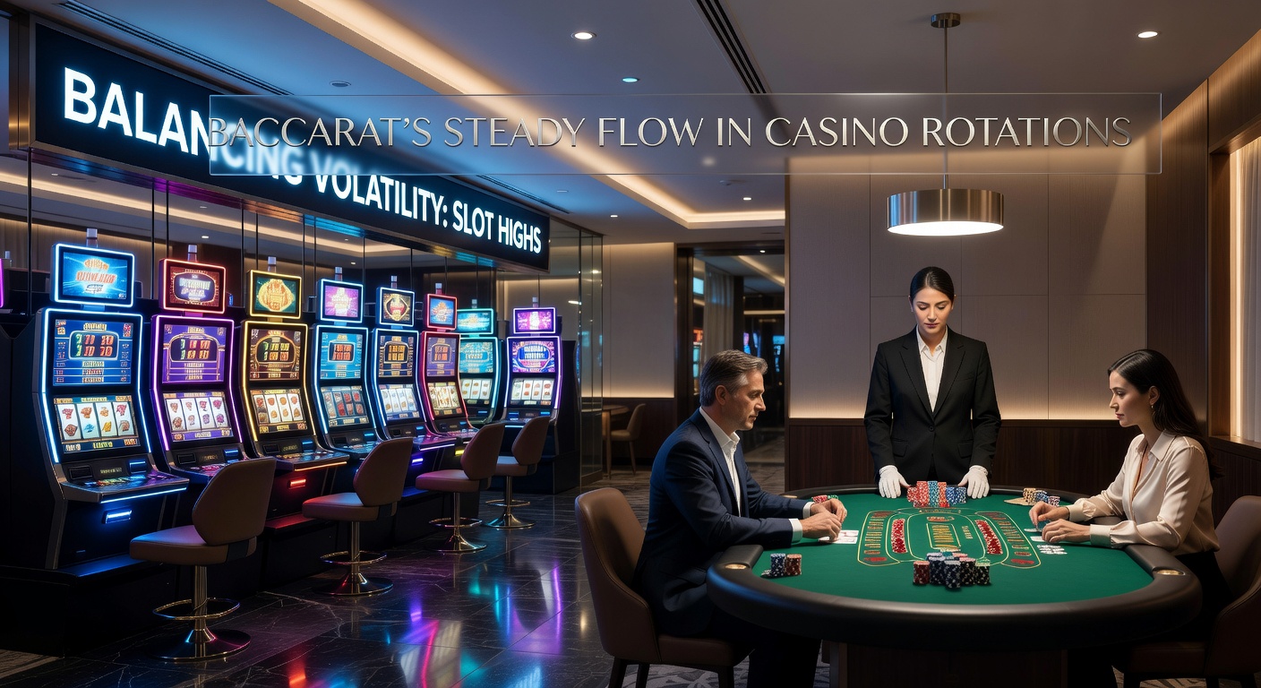 Ein dynamisches Casino-Szene mit leuchtenden Slot-Maschinen und einem eleganten Baccarat-Tisch, die Volatilität und Stabilität symbolisieren