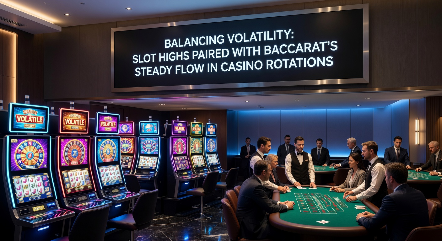 Nahaufnahme eines Baccarat-Tisches neben einem Slot-Automat, illustriert das Balancieren von Risiko und Stabilität in Casino-Sessions