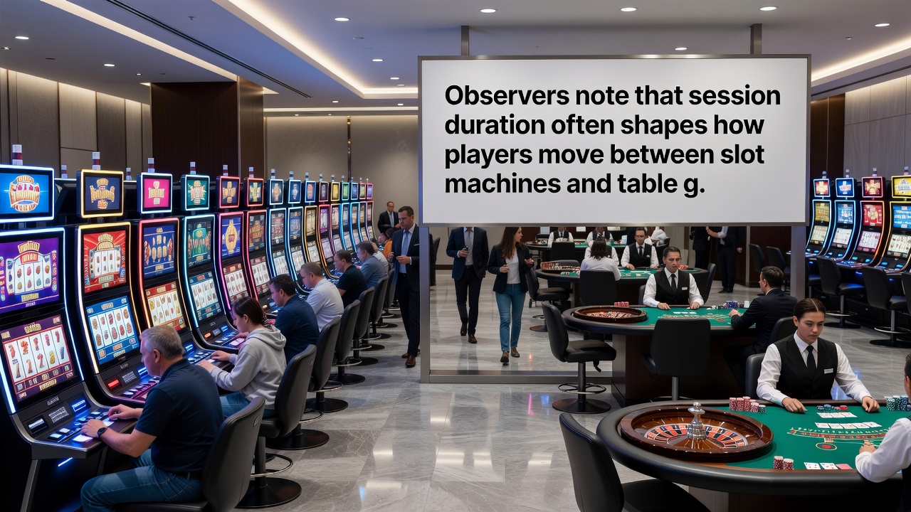 Übersicht über Casino-Bereiche mit Slot-Maschinen und Tischspielen, die den Einfluss von Sitzungsdauern auf Spielerbewegungen veranschaulichen