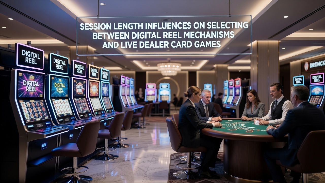 Spieler in einem integrierten Casino beobachten digitale Walzen und Live-Dealer-Tische während verschiedener Sitzungsphasen