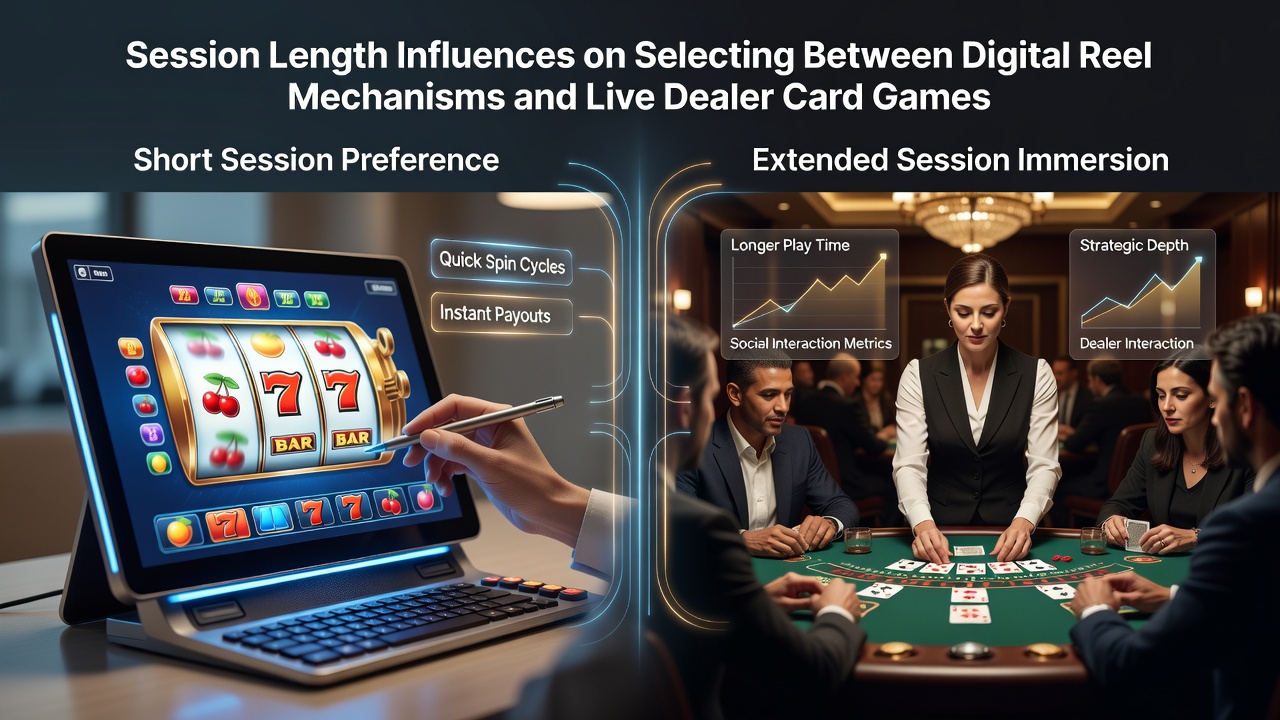 Übersicht über Casino-Bereiche mit digitalen Automaten und Live-Tischen, die Sitzungslängen und Spielerbewegungen illustrieren