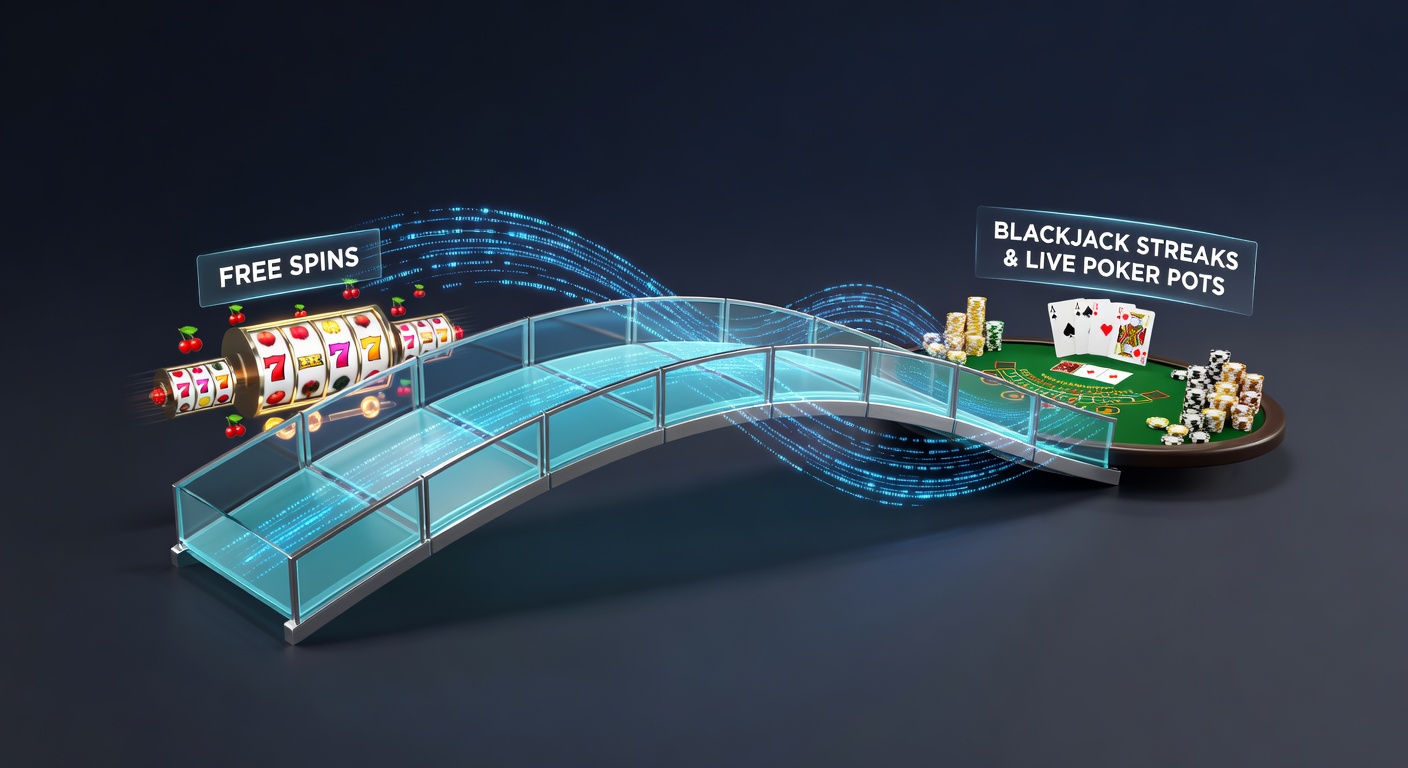 Grafik einer Brücke, die Slot-Maschinen, Blackjack-Tische und Poker-Pots verbindet, symbolisch für Bonus-Verknüpfungen in Online-Casinos
